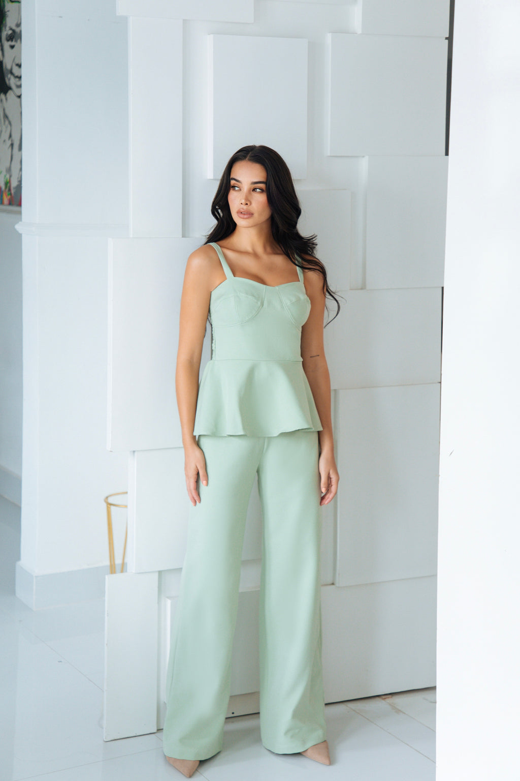 set camisa peplum pantalon wide leg high rise min