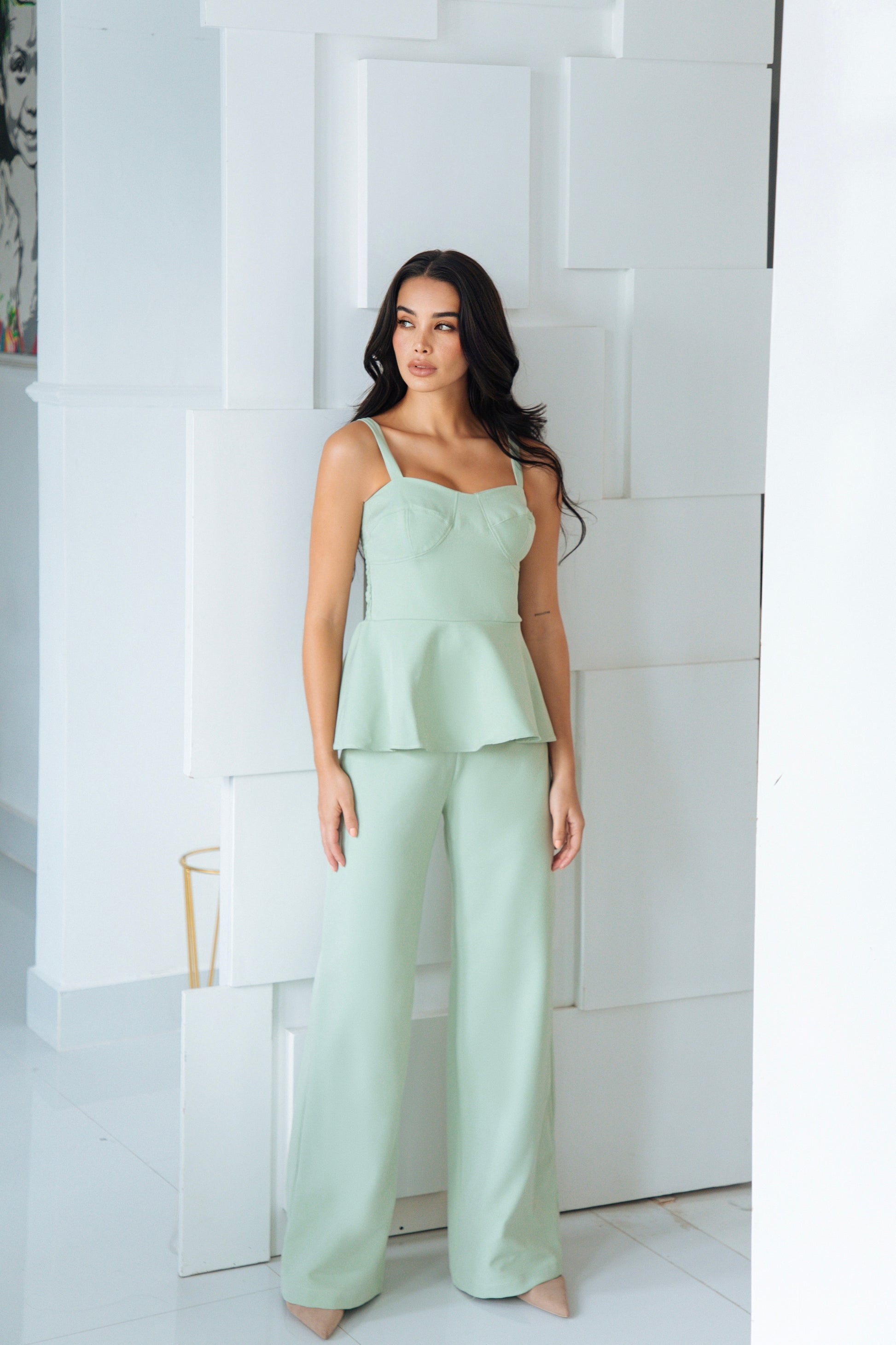set camisa peplum pantalon wide leg high rise min